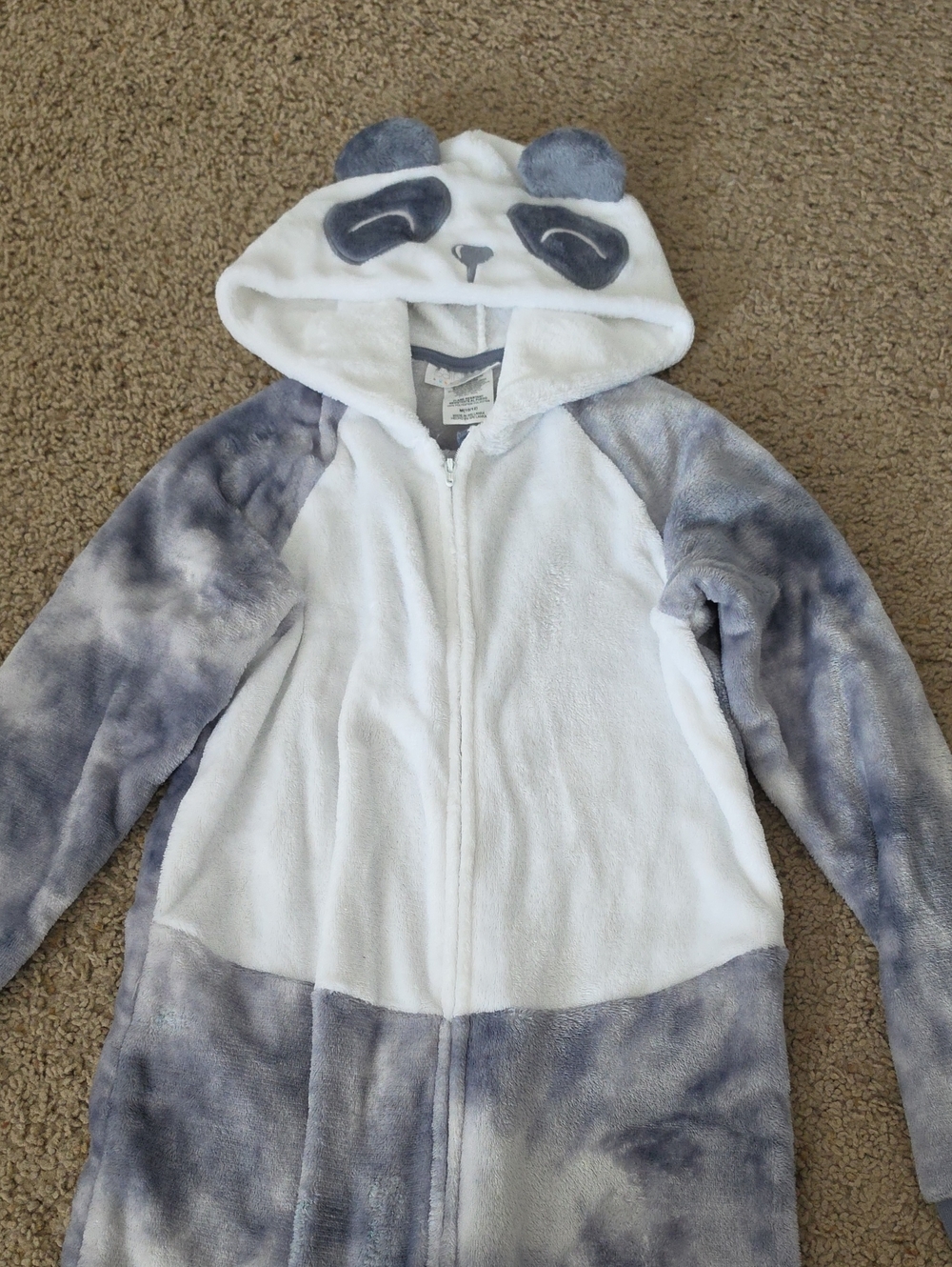 Kids Plush Panda Hooded Onesie - White & Gray Tie-Dye